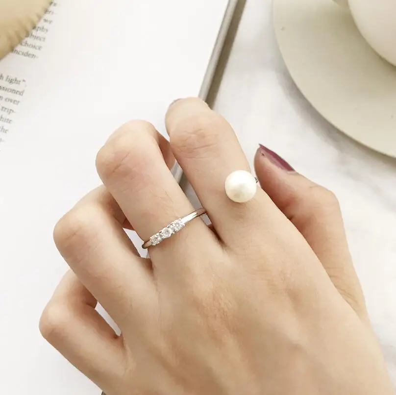 

drop shipping 100% 925 sterling silver pearl ring Latest Design S Shape Women Double Finger cz Ring delicate simple girls ring