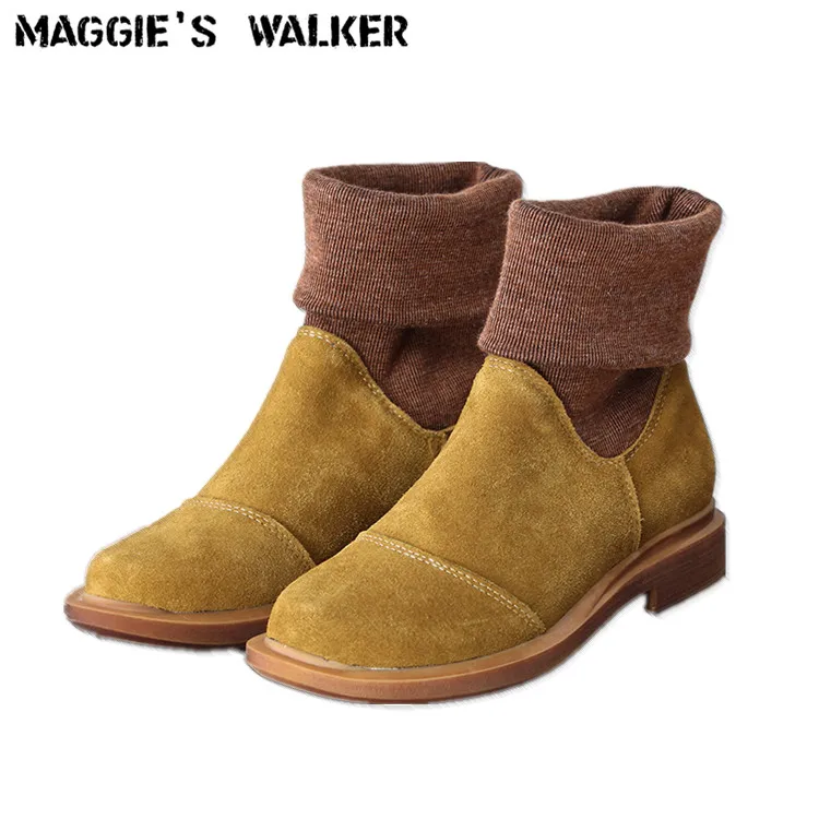 

Maggie's Walker Women Fashion Genuine Leather Slip-on Women Shoes Knitted Fashion Ankle Boots Casual Snow Boots Size 35-40