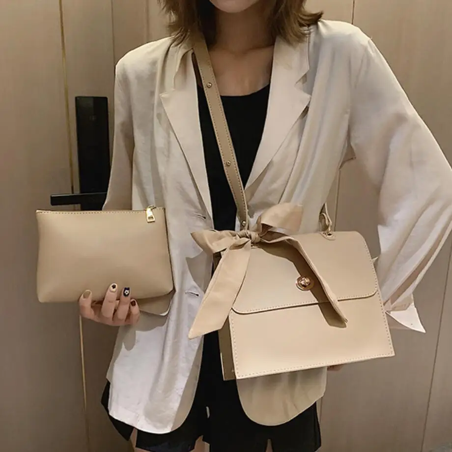 Elegant Female Ribbon Bow Flap Square bag New Quality PU Leather Women's Designer Handbag Travel Shoulder Messenger Bag