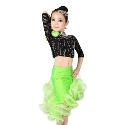 Сексуальное кружевное платье с коротким рукавом, стразы, платье для латинских танцев, для девочек, детская Асимметричная юбка с высокой талией, комплект для танцев, костюмы для выступлений - Цвет: Green
