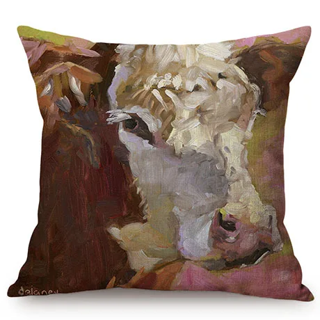 3D Cattle Cow European Style Oil Painting Art Farm Animal Print Home Decor Throw Pillow Case Cotton Linen Car Sofa Cushion Cover K90-10