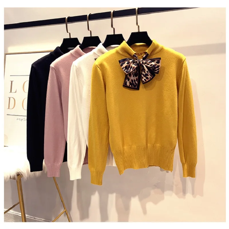 

Pull Sweater with Leopard Bow Collar Sweaters Female Autumn Winter New Long-sleeved Chic Sweater Pullovers Jumpers Girls Tops