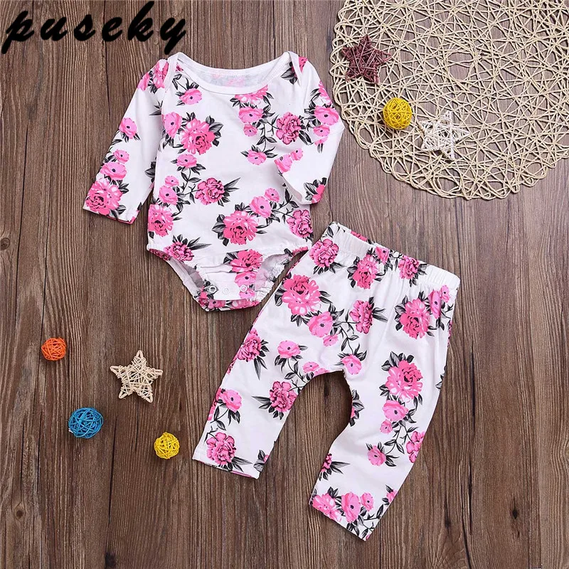 Puseky Newborn Baby Girls Clothes Sets Tops Bodysuits Floral Long Sleeve Pants Cute Outfits Clothing Set Baby Girl Clothes Autum