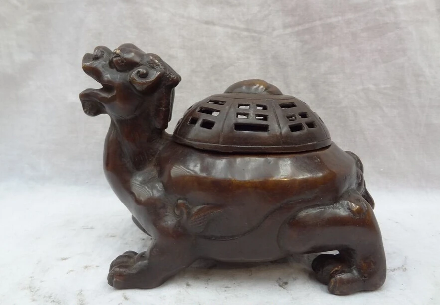 

S4822 Chinese Bronze FengShui Trigram Dragon Turtle Statue Tibet Incense Burner Censer D0317