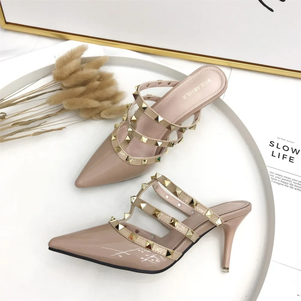 

MIULAMIULA Brand Designer 2019 Spring Luxury Rivet Pumps Parent Leather High Heel Woman Pointed Shoe Slip On Loafers Mules 35-40