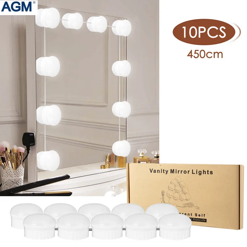 AGM зеркало с подсветкой косметическое зеркало огни макияж туалетный столик свет зеркало Голливуд лампы 10 строка огни 6500 ~ 7000 K челнока