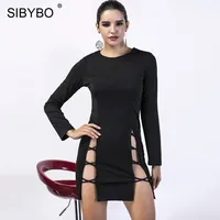 Sibybo Hollow Out Bandage Summer Dress Women Elegant Long Sleeve Short Mini Dresses Woman Nightclub Sexy Bodycon Party Dress