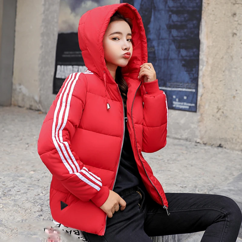 

Red Winter Women's Jackets Short Bride Coats Thick Cotton-Padded Slim Thin Ladies Jacket Hooded Female Outwear Zipper Clothing