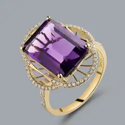 Природный аметист кольцо Изумрудный Cut 10x14 мм одноцветное 14kt желтое золото багет алмаз Фиолетовый аметист Обручальные Кольца для продажи