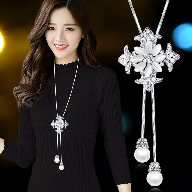 Новинка, Опаловая длинное ожерелье с цветком для женщин, Высококачественная бижутерия с кристаллом, модное ювелирное изделие