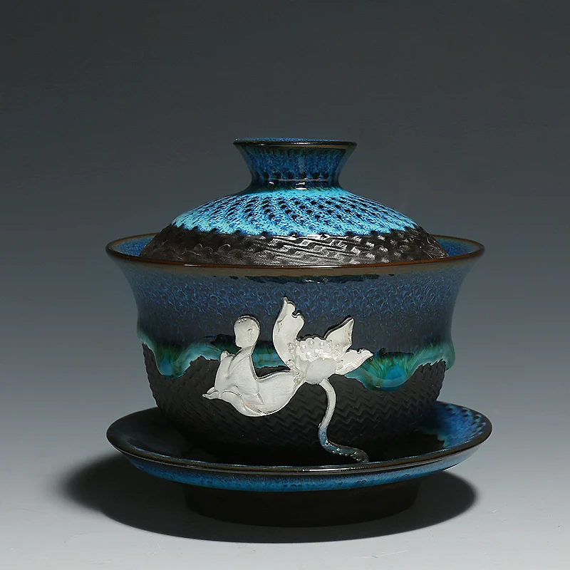 Креативный цветной глазурь керамический гайвань с крышкой блюдце набор винтажная посуда для напитков офис сделать чай черный чайник для подарков на день рождения - Цвет: E