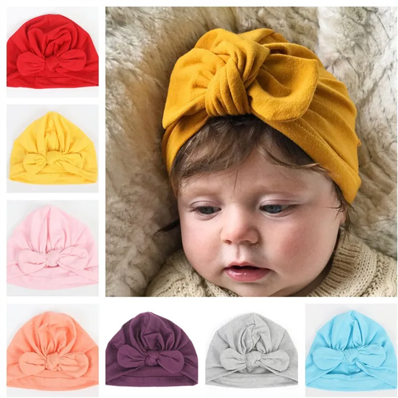 

12pcs 2018 New Wholesale Bebe Girls Boys Soft Turban Round Rabbit Ear Knot Cap Beanie Hat Muslim India Hat Bohemian bows Hat