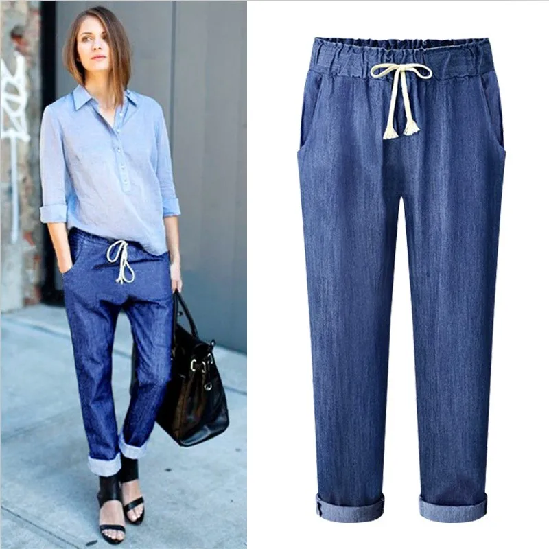

2019 new spring suummer woman long jeans fashion casual drawstring ankle lehgth pants large size M-7XL black blue trousers loose