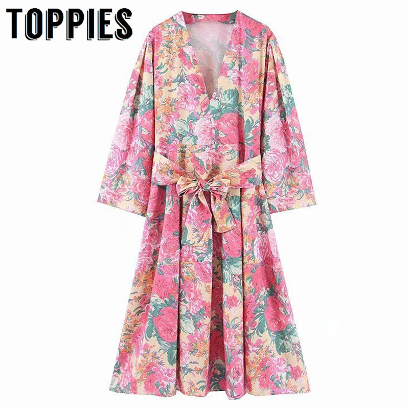 

Pink Floral Printing V Neck Midi Dress Loose Long Sleeve Kimono Blouse Dress Bow Belt Elegant Ladies Vestidos