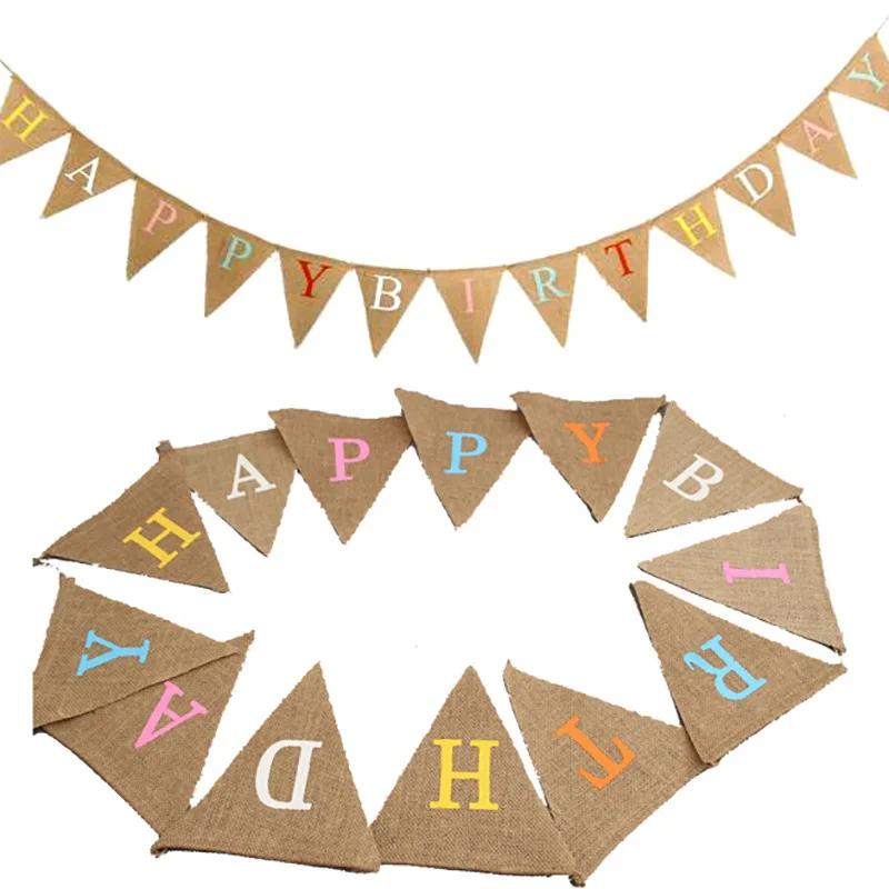 

Linen Birthday Banners Pulling Flag Colorful letters Printed Happy Birthday Hanging Flags For Birthday Party Accessories Decor