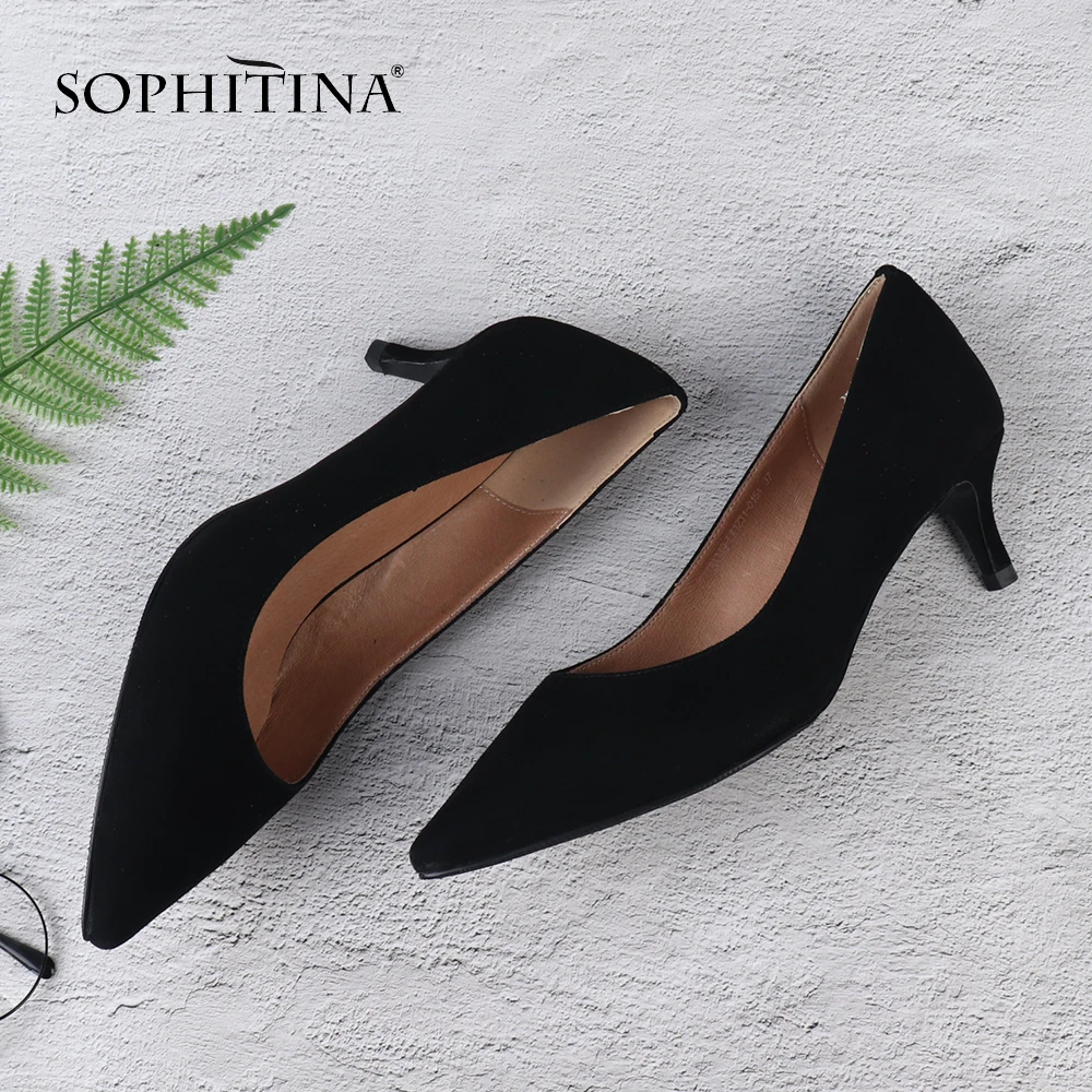 SOPHITINA Sexy Pointed Toe Women Pumps Genuine Leather 5 cm High Heel Slip-On Shoes Basic Handmade Thin Heel Ladies Pumps SC169