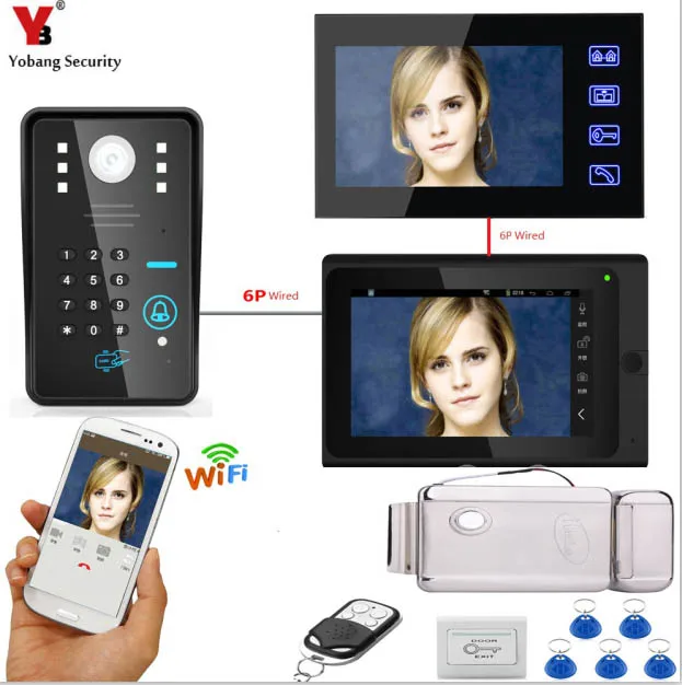 

Yobang Security APP Control 7 Inch Monitor Wifi Wireless Video Doorbell Speakephone Intercom System +Door Lock Power Supply