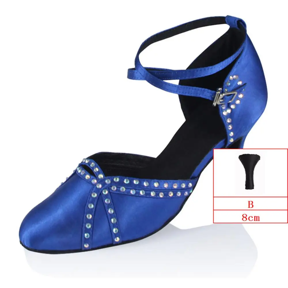 HXYOO/женские бальные туфли для латинских танцев; Цвет черный, синий; обувь для сальсы с закрытым носком; стразы на каблуке по индивидуальному заказу; слипоны; JYG810 - Цвет: Blue-B