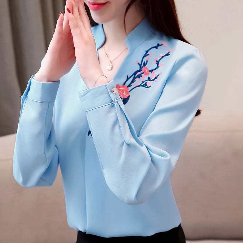 

Womens Tops and Blouses Chiffon Blouse Embroidery Floral White Women Shirts Women Long Sleeve Shirts for Ladies Plus Size XXXL