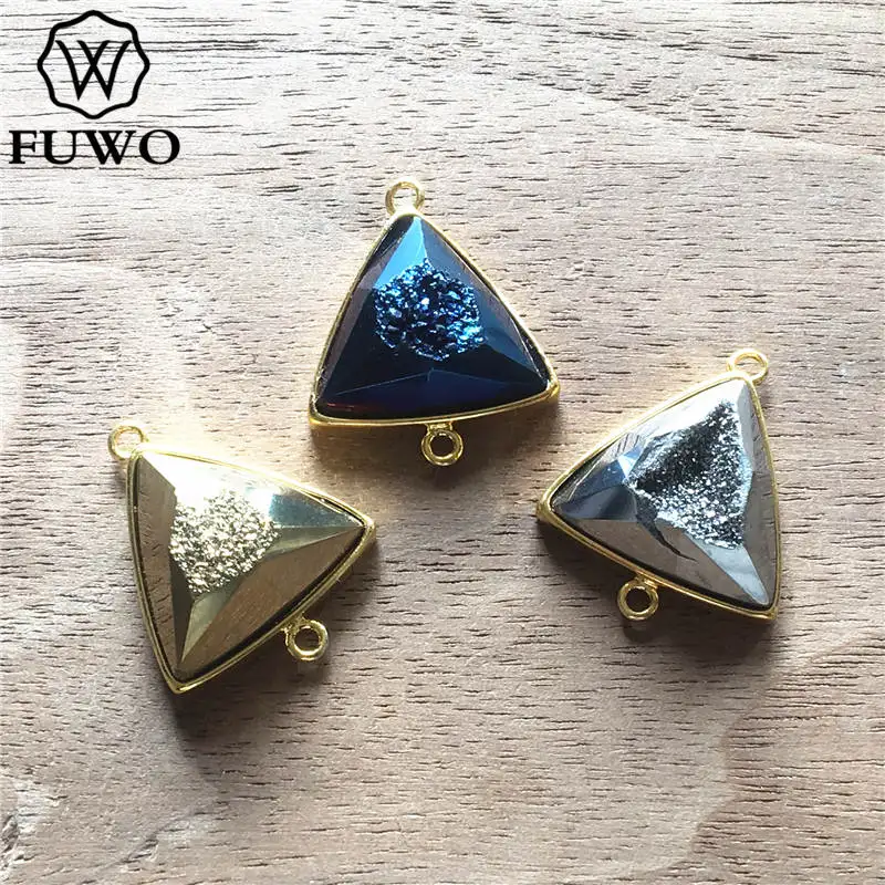 FUWO Wholesale 5Pcs Natural Druzy Titanium Connector Pendant,Golden Plated Bezel Faceted Rainbow Quartz For Jewelry Making PD242 4