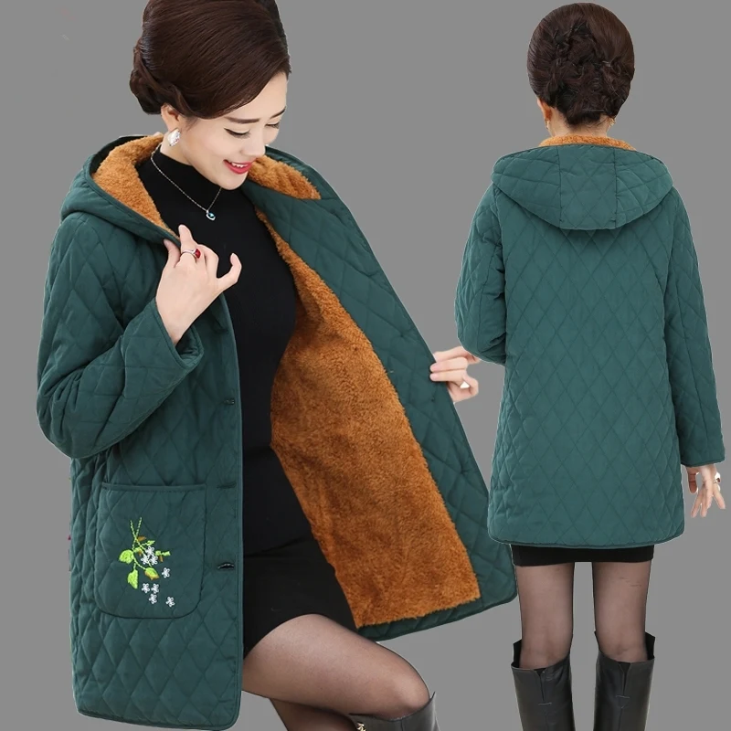 

Middle-aged old Women Embroidered Cotton Jacket Winter Coat Plus velvet Thicken Hooded Overcoat Big size Warm Female Jacket 5XL
