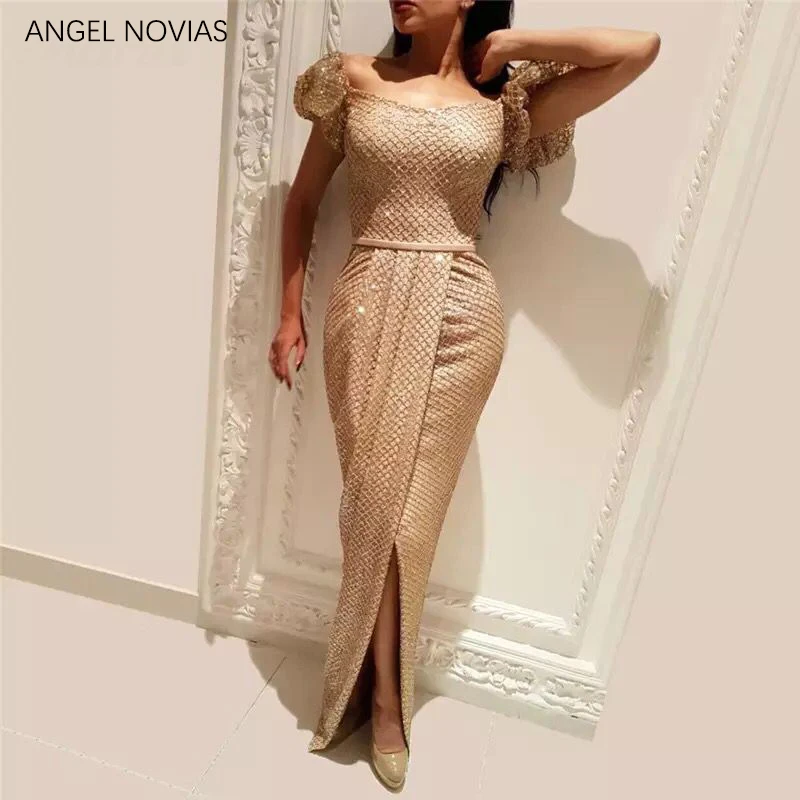 Длинные золотистые блестящие элегантные кружевные вечерние платья ANGEL NOVIAS 2021