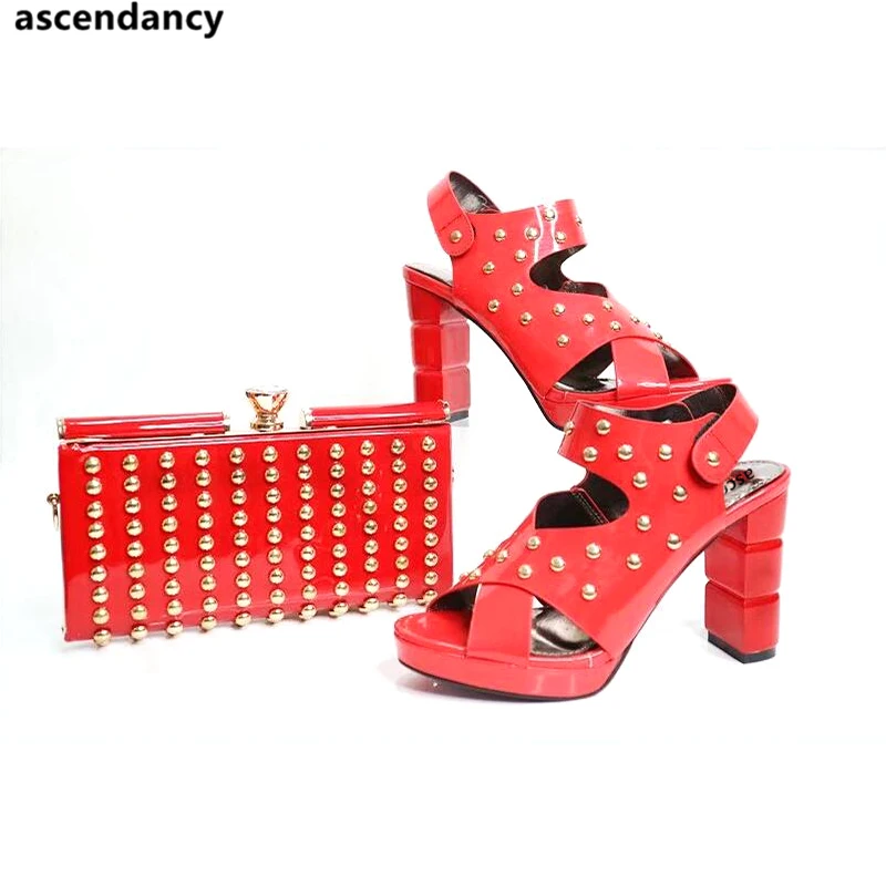 

Buckle Strap Rivet Red Color Slingbacks Shoes and Bags Sets Women Wedding Party Peep Toe Pumps High Heel Shoes & Bag Matching