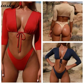 

IASKY 2018 New Bikini Tied front Padded Thong Bikini Set Women Swimwear Swimsuit Solid High Cut Bathing Suit Brazilian Biquni