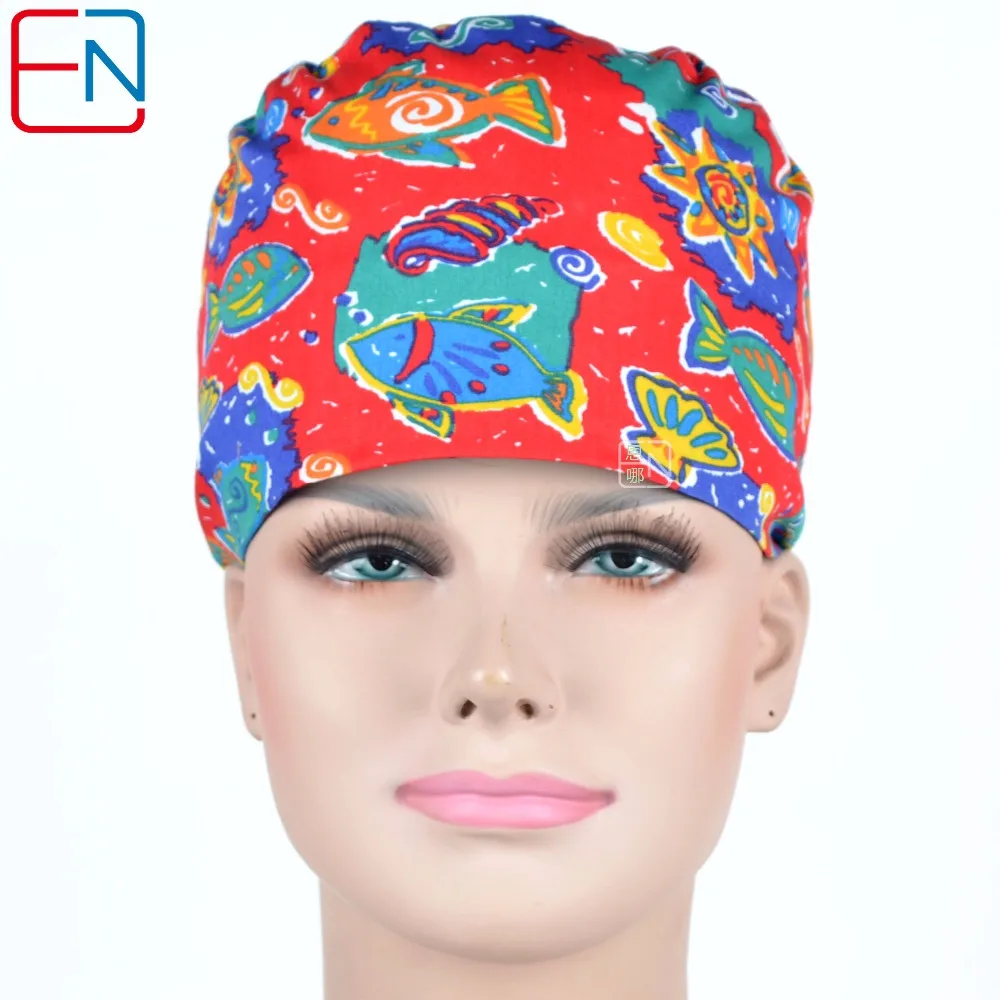 Hennar Women Scrub Caps Medical Surgical In Red Doctor Caps Sea Fish