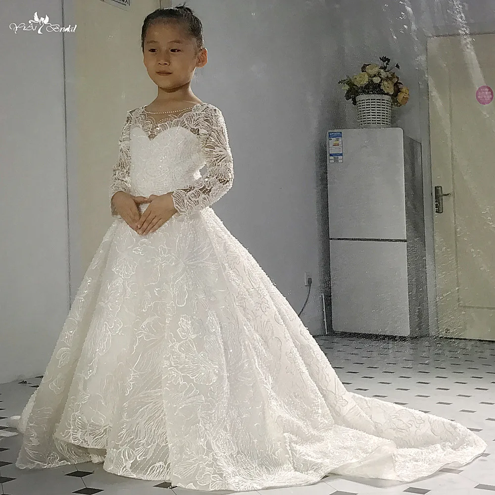 FG11 Lace Flower Girl Dresses Long Sleeve Party Pageant Ball Gown For Kids (4)