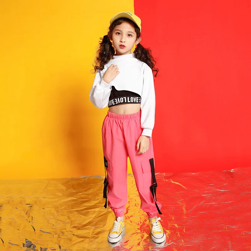 Kid Kpop Hip Hop Clothing Sweatshirt Crop Top Long Sleeve Tank Vest Streetwear Jogger Pants for Girl Jazz Dance Costume Clothes