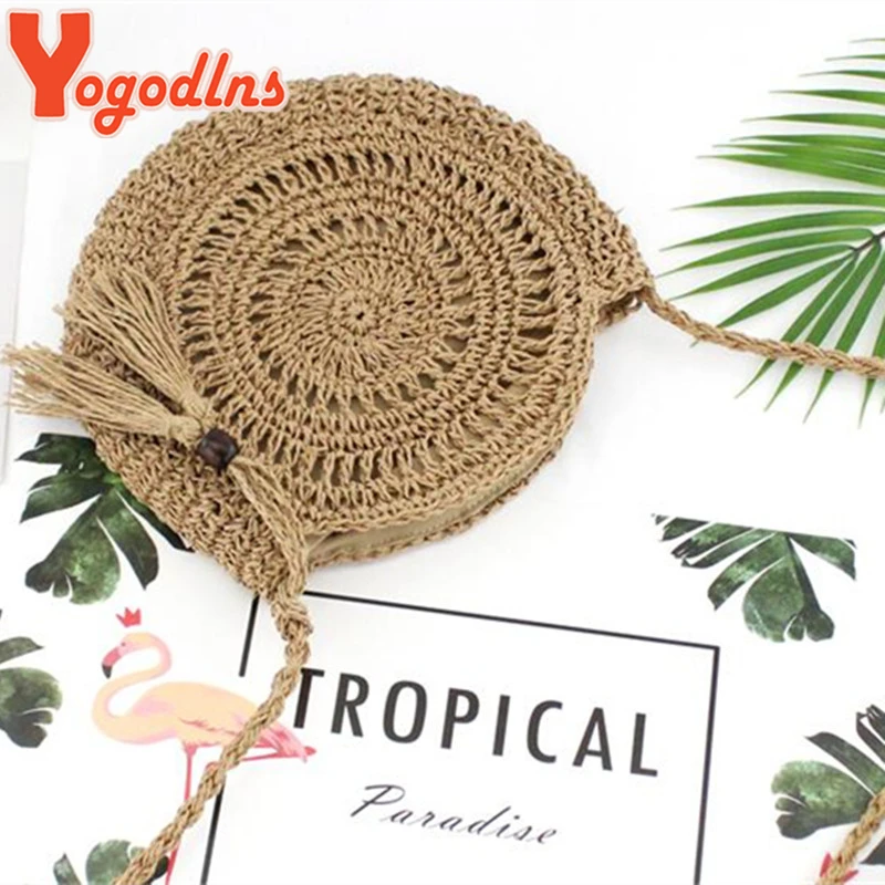 Yogodlns جولة لينة ورقة حبل حقيبة كتف شرابة الصيف الشاطئ اليدوية Crossbody أكياس النساء الجوف القش حقيبة دائرة كيس الروطان