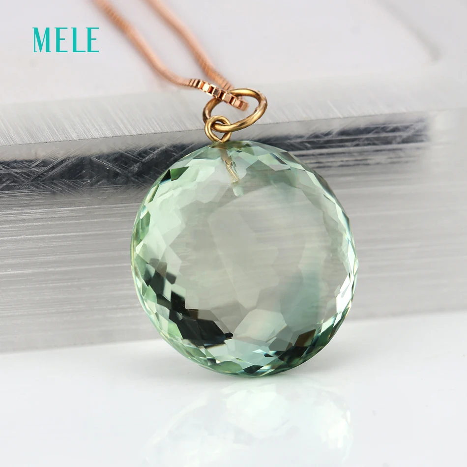 Natural Green Crystal Real 18K Yellow Gold Pendant for Women 18mm Round Cut Shape Special Cutting Process Fashion Fine jewelry