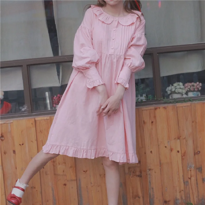 Японский стиль, однотонное женское платье из чистого хлопка Kawaii, воротник Питер Пэн, рукав-фонарик, женское платье, Vestidos, розовое, черное, хаки, платье с оборками - Цвет: Pink