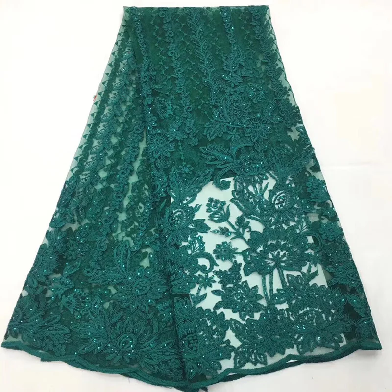 

Free shipping (5yards/pc) beautiful emerald green African tulle lace sequins French net lace fabric for party dress FLC886