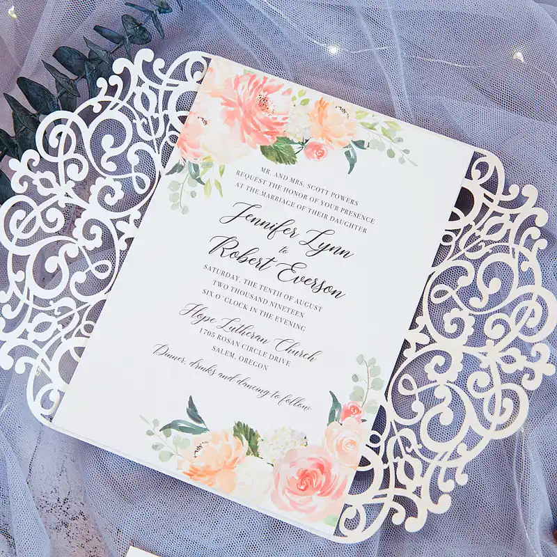 50 Kit Lace White Flower Fold Laser Print Invitations For Wedding 50 Kit Lace White Flower Fold Laser