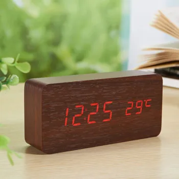 

2019 Voice Control LED Digital Alarm Clock Calendar Thermometer Wooden With USB Cable Led Lustro Budzik