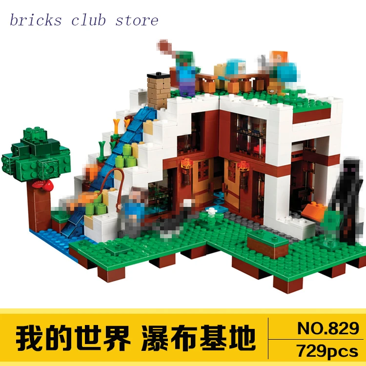 

My World Waterfall Base FiguresBuilding Blocks Compatible Legoingly Minecraft Steve Alex Brick Toys for children 729pcs