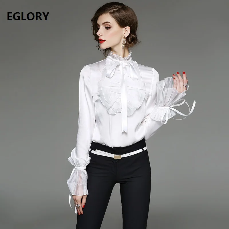 

New 2019 Spring Summer Blouses Women Ribbon Bow Tie Ruffles Design Flare Sleeve Solid Black White Vintage Elegants Blouses Shirt