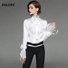 Spring Summer Blouses Women Ribbon Bow Tie Ruffles Flare Sleeve