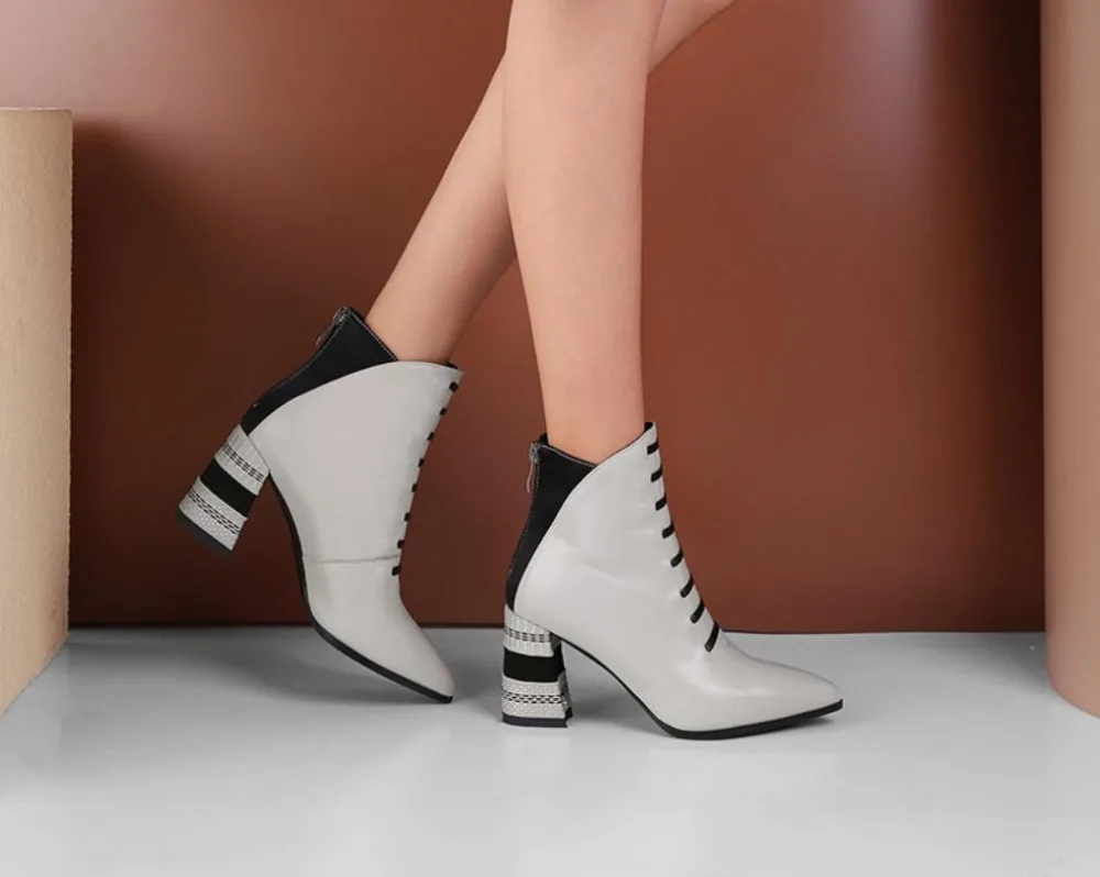 Neue Und Manuelle Spitze Heels Martin schwarzes Mode Stiefel Winter Beige Zipper High Leder Herbst ETfqdT