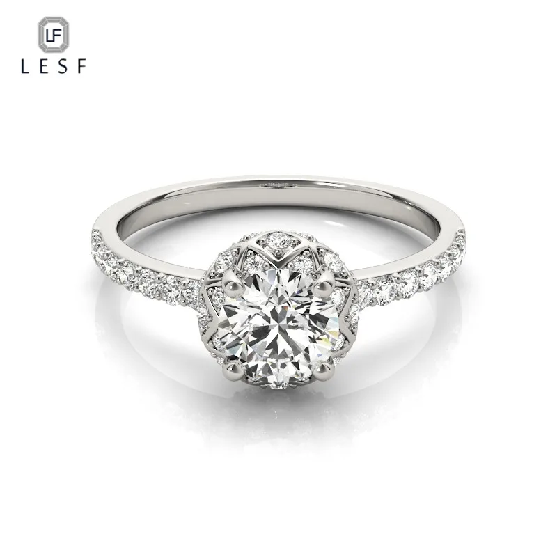 

LESF 925 Silver Halo Ring Round Cut Zircon 3 carat Effect Engagement Wedding Rings Women Fashion jewelry