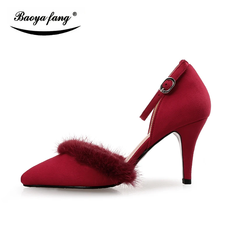 

2017 New Two-piece Sexy High heels shoes woman ankle strap ladies shoes wedding shoes shallow mouth Rabbit's hair Pumps