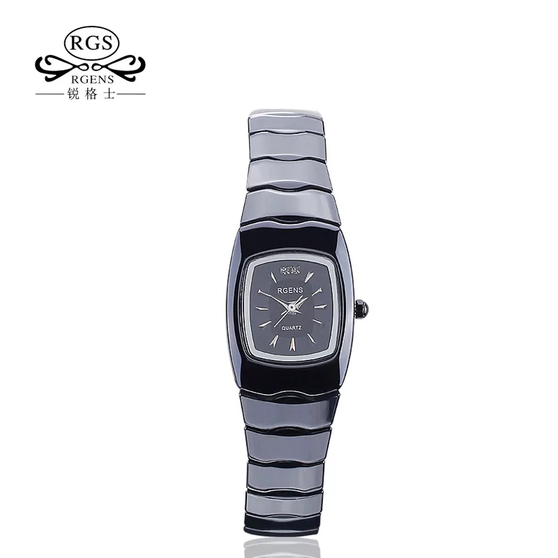 

RGENS brand official woman watches square black 100% ceramic quartz woman wristwatches waterproof diamond calendar ladies clocks