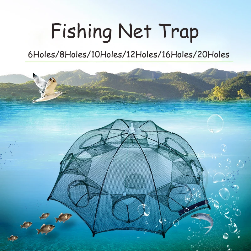 Armadilha para Peixes Rede de Pesca Rede de Malha de Nylon 6 20 Furos Gaiola Automático Guarda chuva Dobrável Dobrável Elenco Caranguejo Camarão Peixe Acessórios