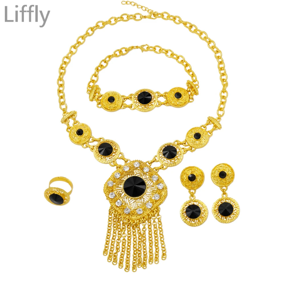 

Liffly Dubai Fashion Round Shape Design 24 Gold Jewelry Set Crystal Necklace Bracelet Luxury Wedding Engagement Jewelry