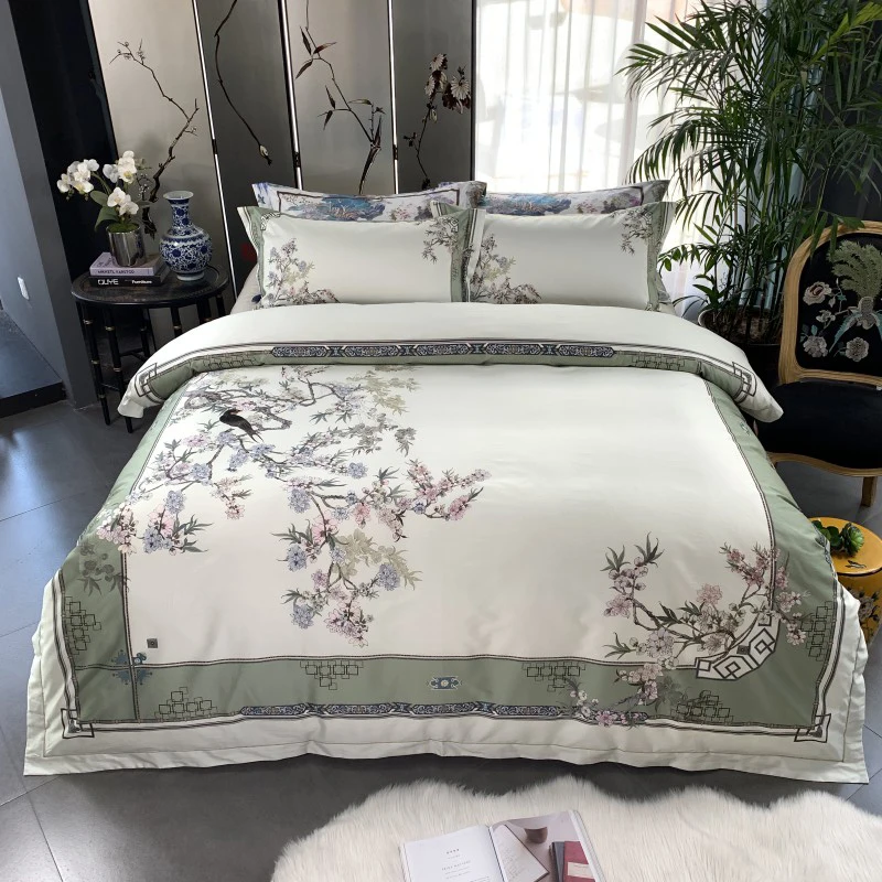 

Birds Plant print 800TC Egyptian Cotton Silky Duver cover Bed set Luxury Bedding Set Queen King size Bed sheet set Pillow shams