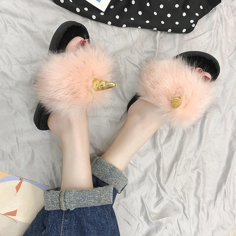 

FASHION UNICORN Winter Warm Slippers Sweet Women Flully HOME Slippers PLAIN Really Fur Pink Indoor Ladies Mules Slip