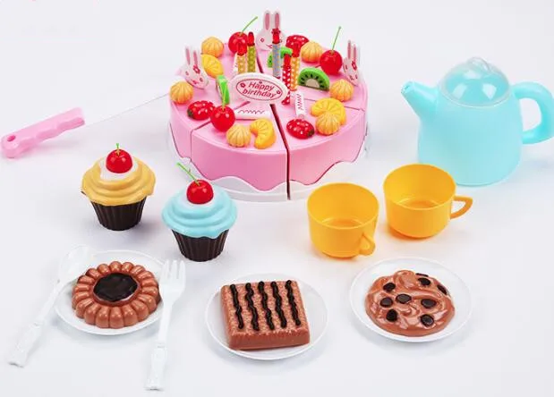 

Baby Girls Pretend Role Play Kitchen Food Fruit Happy Birthday Cake Cutting DIY Toys 37 pcs Set Pink Kitchen Toy For Children