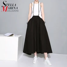 New 2017 European Women Long Summer Skirts High Waist Suspenders Cotton Pleated Skirts Mid Calf Length Black White Skirts 1388